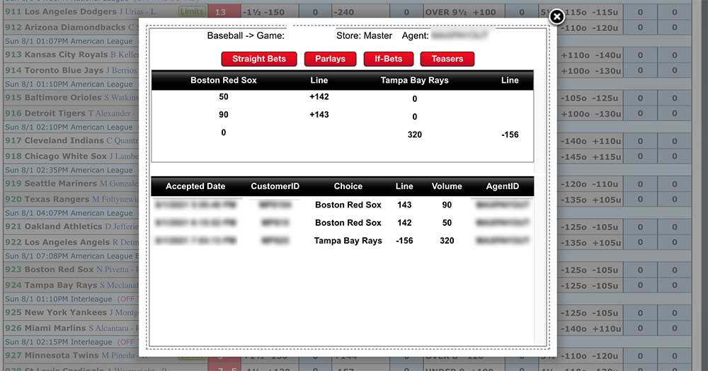 Game admin’s wager list displayed.