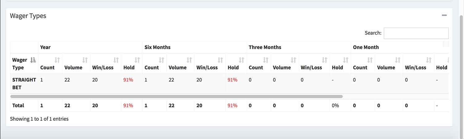 Player analysis report showing the wager types table.