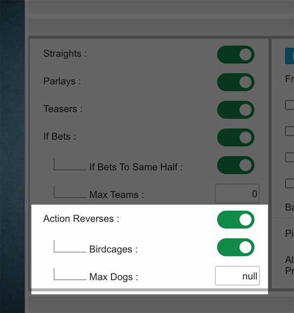 Action Reverse Payperhead Sportsbook settings